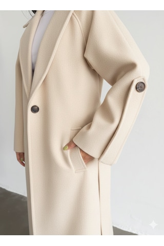 Roll Fashion Krem Kadın Geniş Yaka Kuşaklı Uzun Kaşe Palto Açık Bej