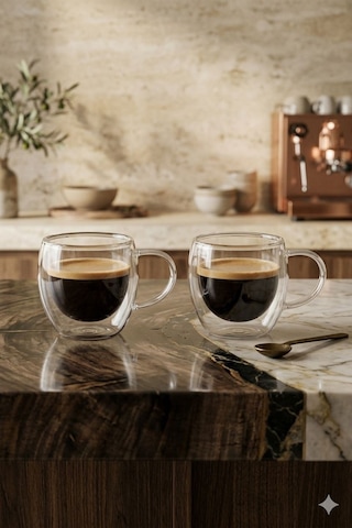 Reoona 2'li Türk Kahvesi Bardağı Kuplu Espresso Bardağı Çift Cidarlı 80 Ml Şeffaf