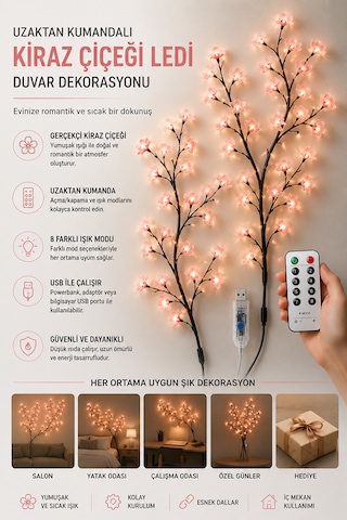 Uzaktan Kumandalı Kiraz Çiçeği Led Duvar Dekorasyonu Usb Girişli Dekoratif Işık Çok Renkli Rgb