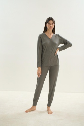 Kadın Uzun Kol Kaşkorse Haki Pijama Takım C8t7n1o61 001