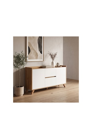 Hera 4 Kapaklı Konsol Modern Salon Yemek Odası Konsolu Ahşap Görünümlü Geniş Depolama Dolabı Beyaz