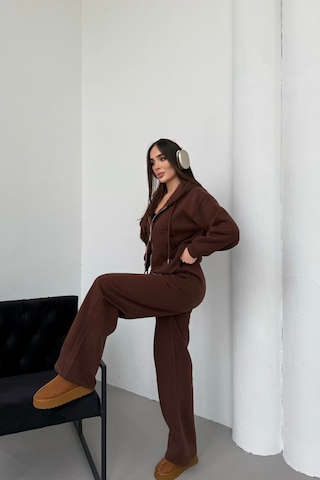 Mezka Kadın Çift Fermuar Detaylı Kapüşonlu Kışlık Şardonlu Oversize Eşofman Takımı Kahverengi