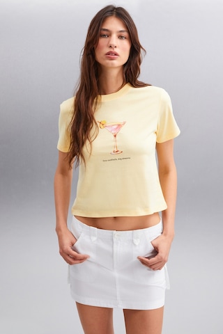 Grımelange Ivonne  Kadın Cocktail Baskı Desenli Kısa Kollu Organik Pamuklu Bisiklet Yaka Crop Sarı T-shirt