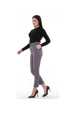 Cedy Kadın Yüksek Bel, Kemerli, Pileli Bilek Boy Dokuma Pantolon, C3008 Bej 001