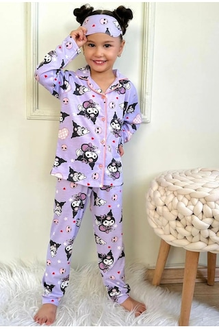 Lillypicca Kedi Desenli Pamuklu Önden Düğmeli Göz Bantlı Uzun Kol Pijama Takımı 9038 Lila