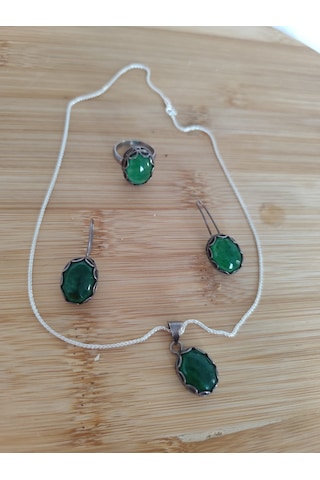 Yeşim Taşlı Gümüş Set Bronz