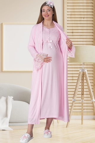 Mecit Pijama Mecit 5417 Pembe Uzun Sabahlıklı Lohusa Gecelik Takımı