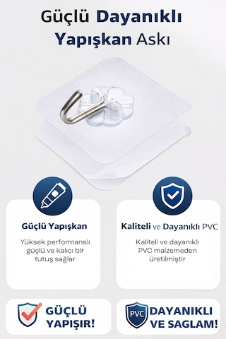 5'li Şeffaf Nano Yapışkanlı Kanca Güçlü Duvar Askısı Banyo Mutfak Kapı Askılık Seti 6 Cm Diğer