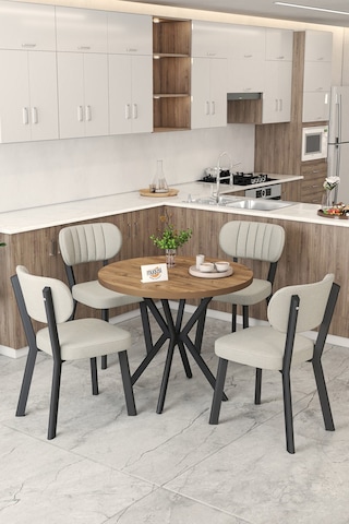 Gnr 90cm Sabit Atlantik Mutfak Masası Takımı, Yemek Masası, 4 Modern Krem Sandalye Krem
