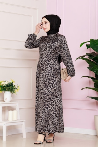 Yanı Bağcıklı Leopar Desenli Tesettür Abiye-vizon-4681