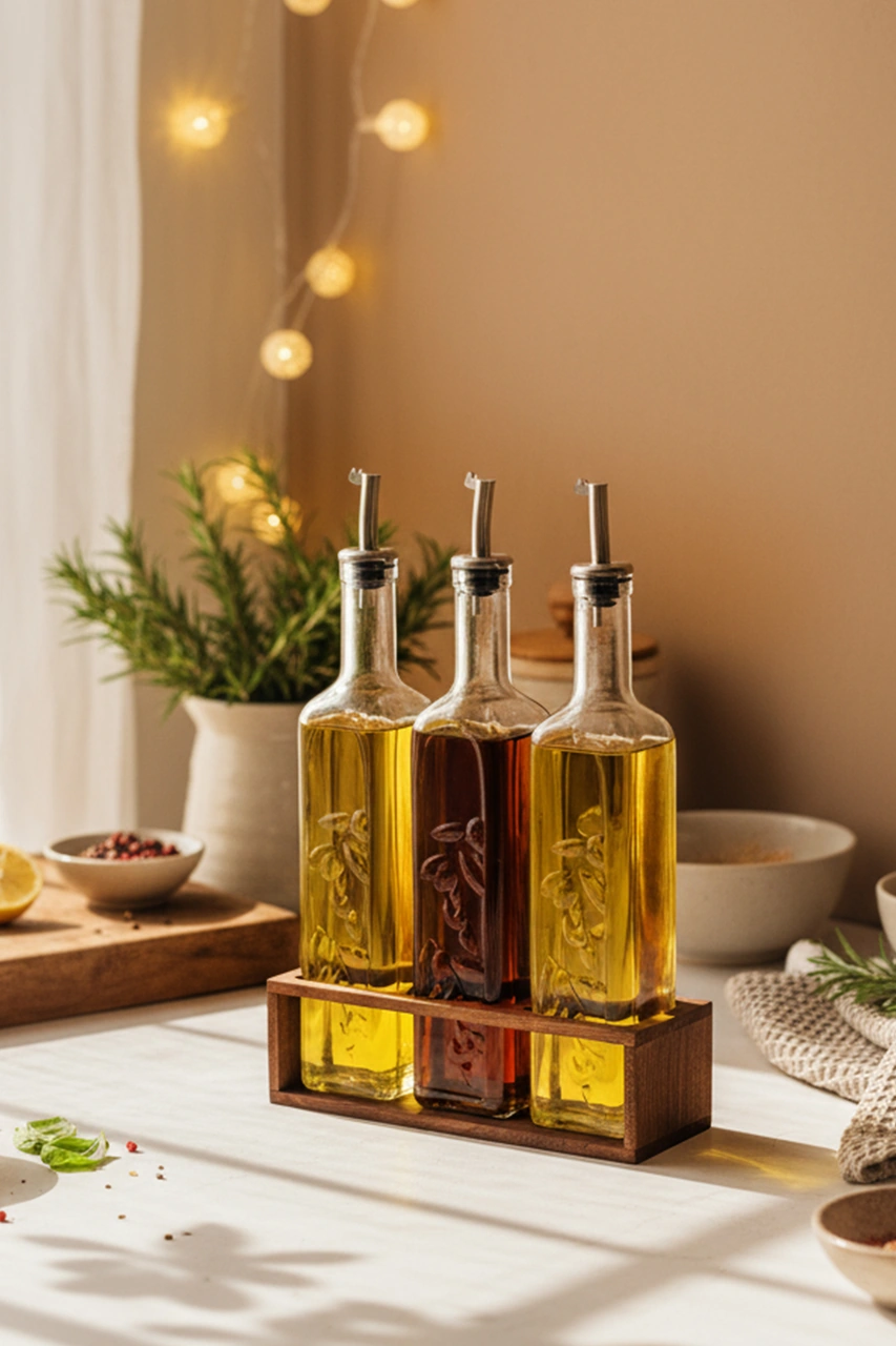Snippy Olea - 3'lü Ahşap Uzun Katlı Standlı Cam Zeytinyağı Şişesi Yağlık Damlatmaz Yağlık Sirkelik 500ml Ahşap