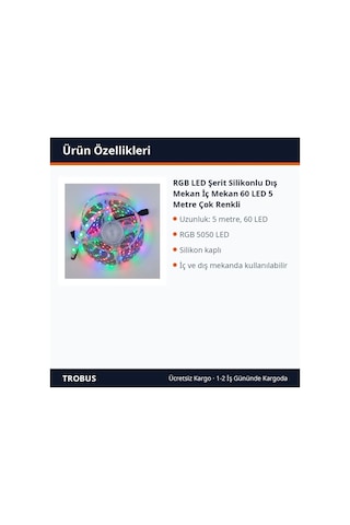 Trobus Rgb Led Şerit Silikonlu Dış Mekan İç Mekan 60 Led 5 Metre Çok Renkli