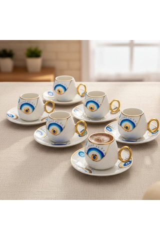 Evil Eye Nazar Boncuğu Desenli 6 Kişilik Porselen Kahve Fincan Takımı Beyaz