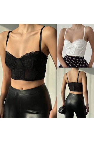 Fashion Cocktail Transparan Sırt Bel Detaylı Kopçalı Askılı Dantelli Kombin Krop Büstiyer Siyah
