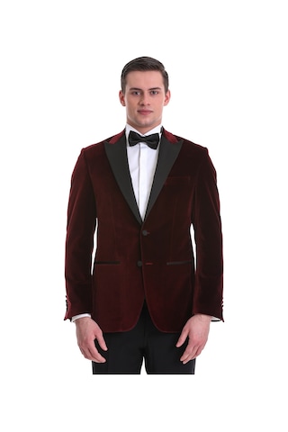 Hatemoğlu Bordo Slim Fit Düz Sivri Yaka Kadife Klasik Smokin Damatlık 3312 Bordo