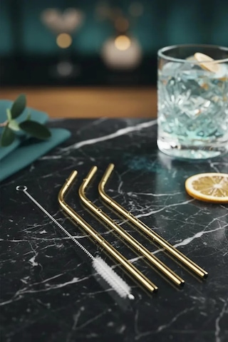 Miniso Lisanslı 3'lü Metal Pipet Seti 304 Paslanmaz Çelik Temizleme Fırçalı