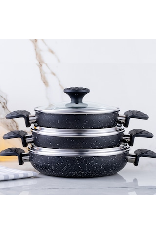 Meşeler Granit Omlet Sahan Seti Siyah 18x20x22 CM