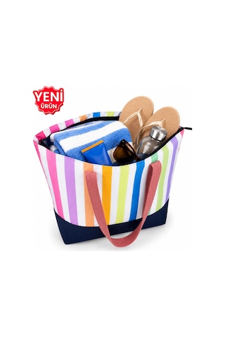 Plaj Cantasi Renkli Cizgili Kot Kumas Tabanli Cantasi Turuncu Galb Leather