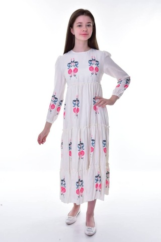 Kız Çocuk Pamuklu Keten Uzun Boydan Astarlı Elbise Kırmızı-krem