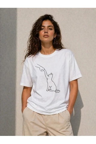 Defymoda Minimal Kedi Çizim Baskılı Tişört Kısa Kol Yazlık T-shirt - Beyaz