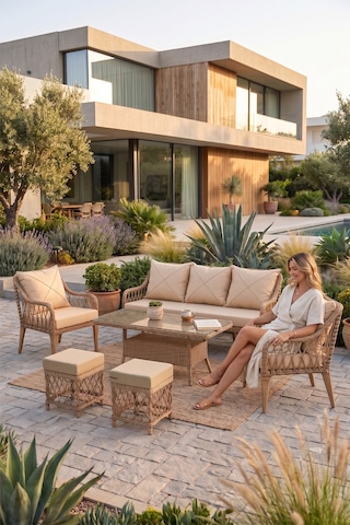 Tulipa Serisi Balkon Oturma Takımı, 1 Adet Üçlü 2 Adet Tekli Koltuk Ve 1 Adet Orta Sehpa Cappucino Rattan Cappucino Minder