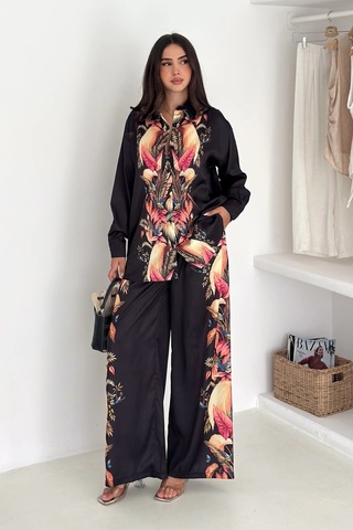 Saten Kumaş Desenli Takım Siyah Siyah