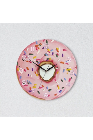 CajuArt Dekoratif Pembe Donut Yuvarlak Ahşap Duvar Saati Ahşap