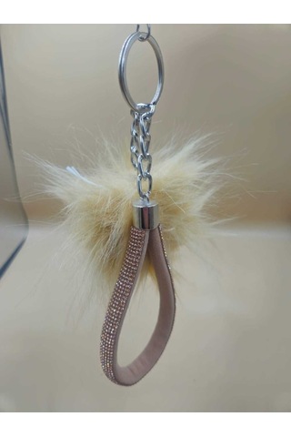 Camel Taşlı Tilki Tüyü Bej Angel Anahtarlık