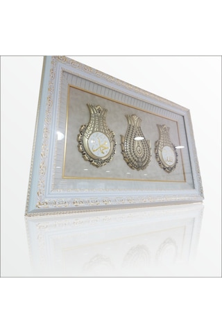 61x97 CM Esmalı Kristal Taşlı Oyma Çerçeveli Üçlü Lale Tablo Pano