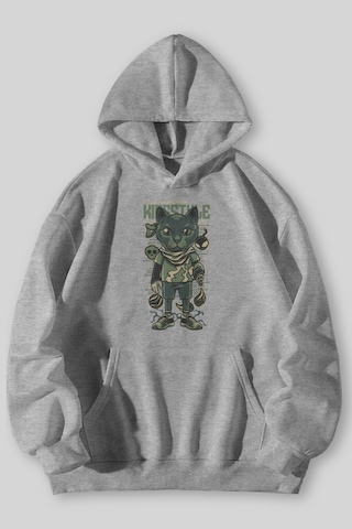 Harmandar Kid Style Cat Baskılı Unisex Siyah Gri Kanguru Cepli Kapüşonlu Sweatshirt Hoodie Gri