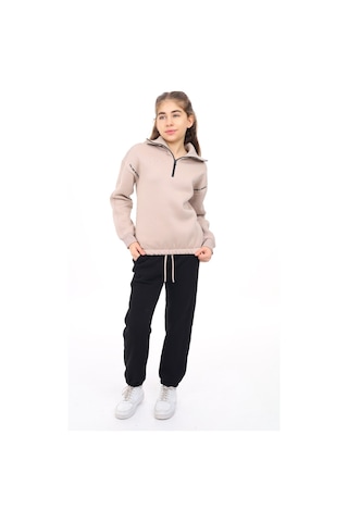 Toontoy Kids Toontoy Kız Çocuk 2'li Takım Baskılı Balıkçı Yaka Fermuarlı Sweatshirt & Beli Paçası Lastikli Cepli Jogger Eşofman Altı - Renk Bloklu 3 İplik Şardonlu Bej