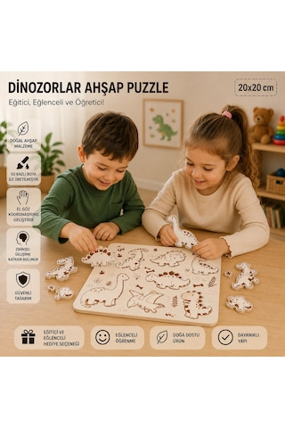 Dinozorlar Dünyası Eğitici Ahşap Puzzle 20x20 Cm Okul Öncesi Zeka Geliştirici Oyuncak