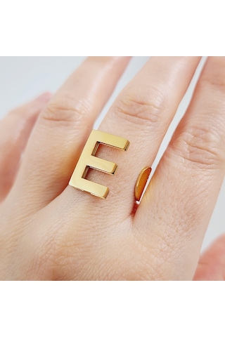 Çelik Gold Düz Kesim Harf Yüzük -e Harfi- Ayarlı Ölçü-1892