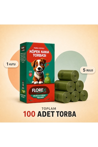 Florex Köpek Kaka Poşeti Pudra Kokulu 5 Rulo 100 Adet - Patili Dostlar Tuvalet Torbası