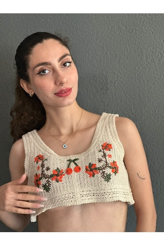 Gönülden Tasarım Triko Kirazlı Nakış İşleme Kadın Crop Renkli