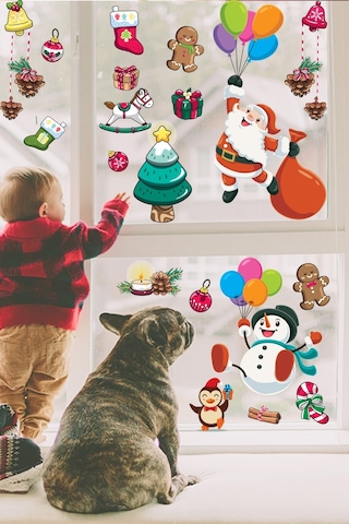 Balonla Uçan Noel Baba Ve Kardan Adam Yılbaşı Süsleri Pencere Duvar Sticker