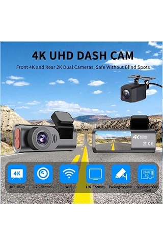 Vtn-d28 4k Wifi Çift Kameralı Araç Kamerası Gece Görüşlü G-sensörlü Dash Cam 170 Derece