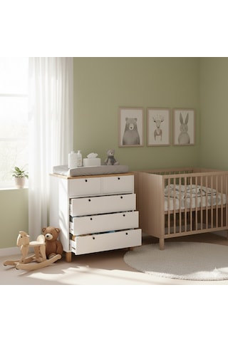 Robin Home Merlin Bebek Odası Çocuk Odası Şifonyer 5 Çekmece Ahşap Ayaklı Beyaz-sepet