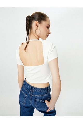 Koton Sırt Dekolteli Tişört Crop Kısa Kollu Fitilli Slim Fit Ekru 4sal10804ık Ekru