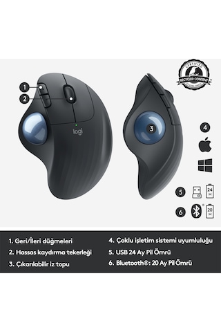 Logitech Ergo M575 For Business Kablosuz Iztopu Özellikli Konforlu Ergonomik Mouse