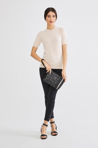 Deri Company Kadın Basic Clutch Çanta Monogram Desenli Şeritli Siyah Gri (4006SG) 214012 Gri - Siyah