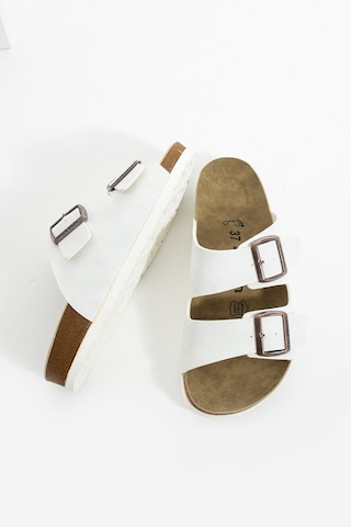 Polomia Comfort Mikanos Aryan Unisex Ortapedik Eva Taban Comfort Çift Bantlı Tokalı Günlük Rahat Sandalet Terlik Beyaz