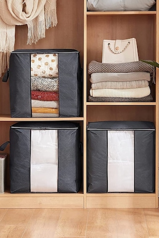 Serstil 3 Adet - Pencereli Kapitone Saklama Çantası Gri 50 X 45 X 30 Cm