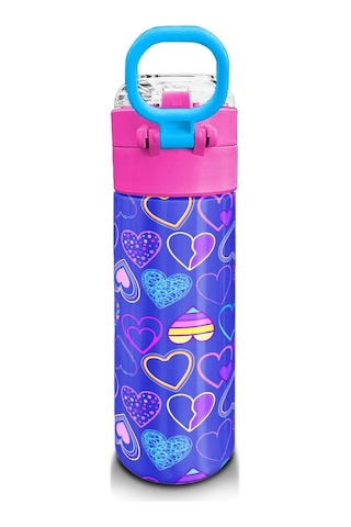 Coral High Kids Açık Pembe Lavanta Kalp Desenli Pipetli Ve Direkt İçim Çelik Termos 500 Ml 31977 Lavanta - Pembe