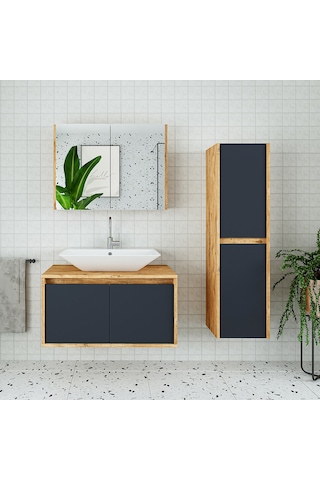 Banos Roomart Lavabolu Ahşap-Antrasit 85Cm Banyo Dolabı+Aynalı+Bo Antrasit