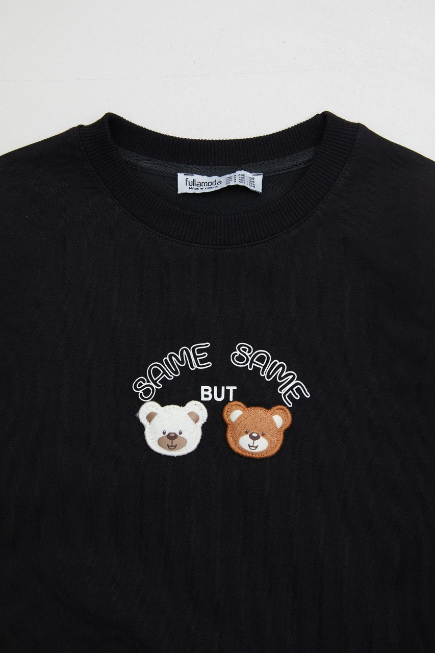 Ayıcık Nakışlı Bisiklet Yaka Kız Çocuk Sweatshirt 25mcck4784132931-siyah SiYAH