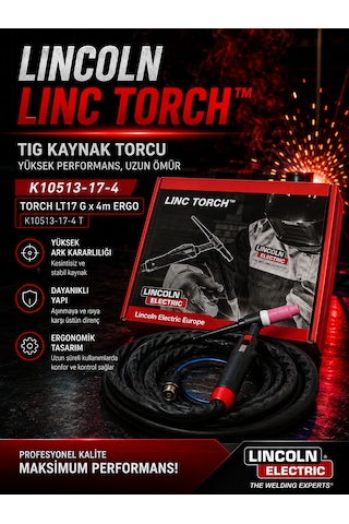 Lincoln Electric Lt 17 G Ergo Tıg Torcu 4 Metre Gaz Soğutmalı K10513-17-4 Argon Kaynak Torcu