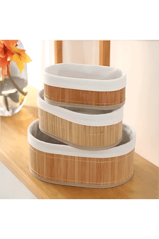 Bambu 3 Lü Oval Kutu Organizer Seti Doğal Bambu Saklama Ve Düzenleyici Seti Açık Bej