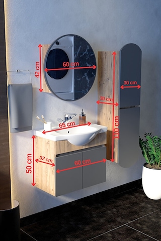 Makbulce Erciyes Havlu Dolaplı 65cm Seramik Lavabolu Mdf Oval Aynalı Banyo Dolabı Atlantik Çam Antrasit Gri