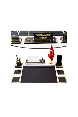 Star Bayraklı Mermer Desenli Ahşap Sümen Takımı Deri Sümen Seti Masa İsimliği